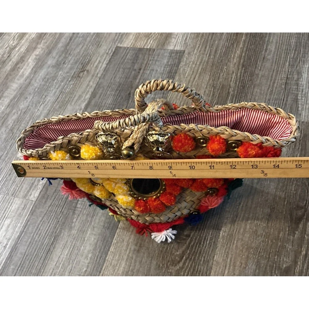 Sicily Italian Lion Head Mirror Embellished Straw Tote Basket Bag Multicolor - Picture 8 of 8